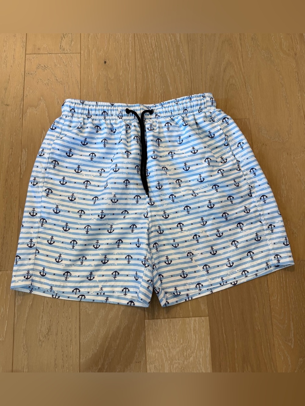 SHEIN Light Blue & White Anchor Swim Trunks